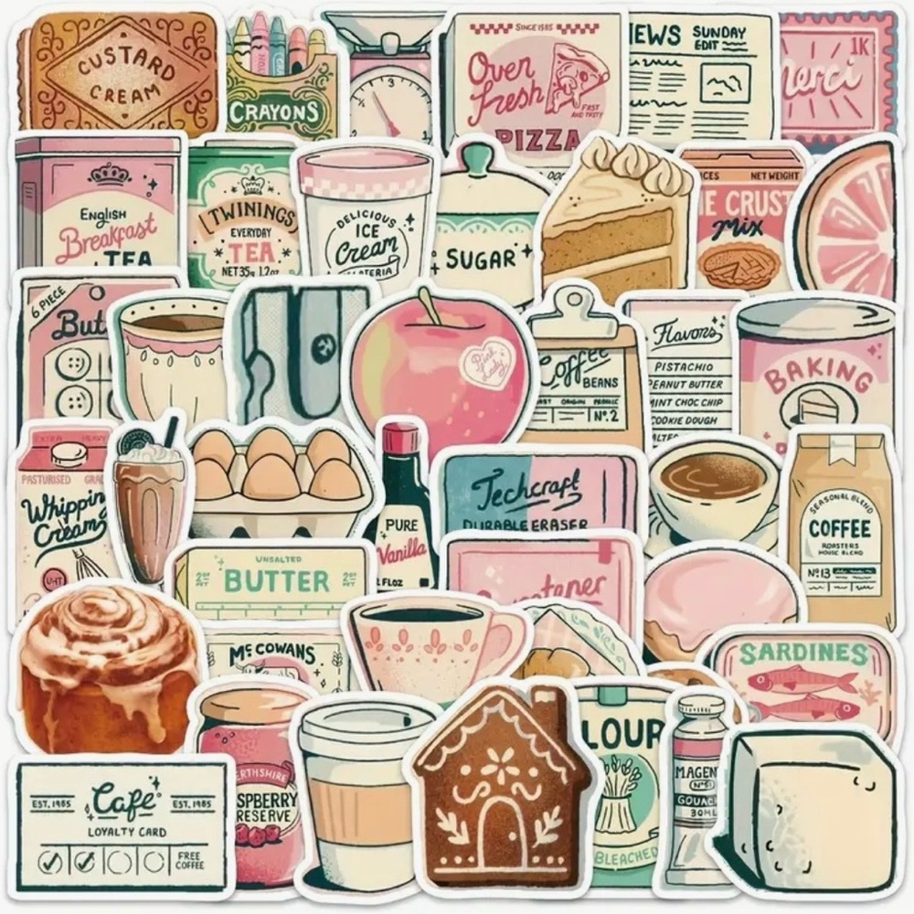 60 Retro Kitchen Stickers Pastel Food & Pantry Items Jam Buttons Coffee Fruit